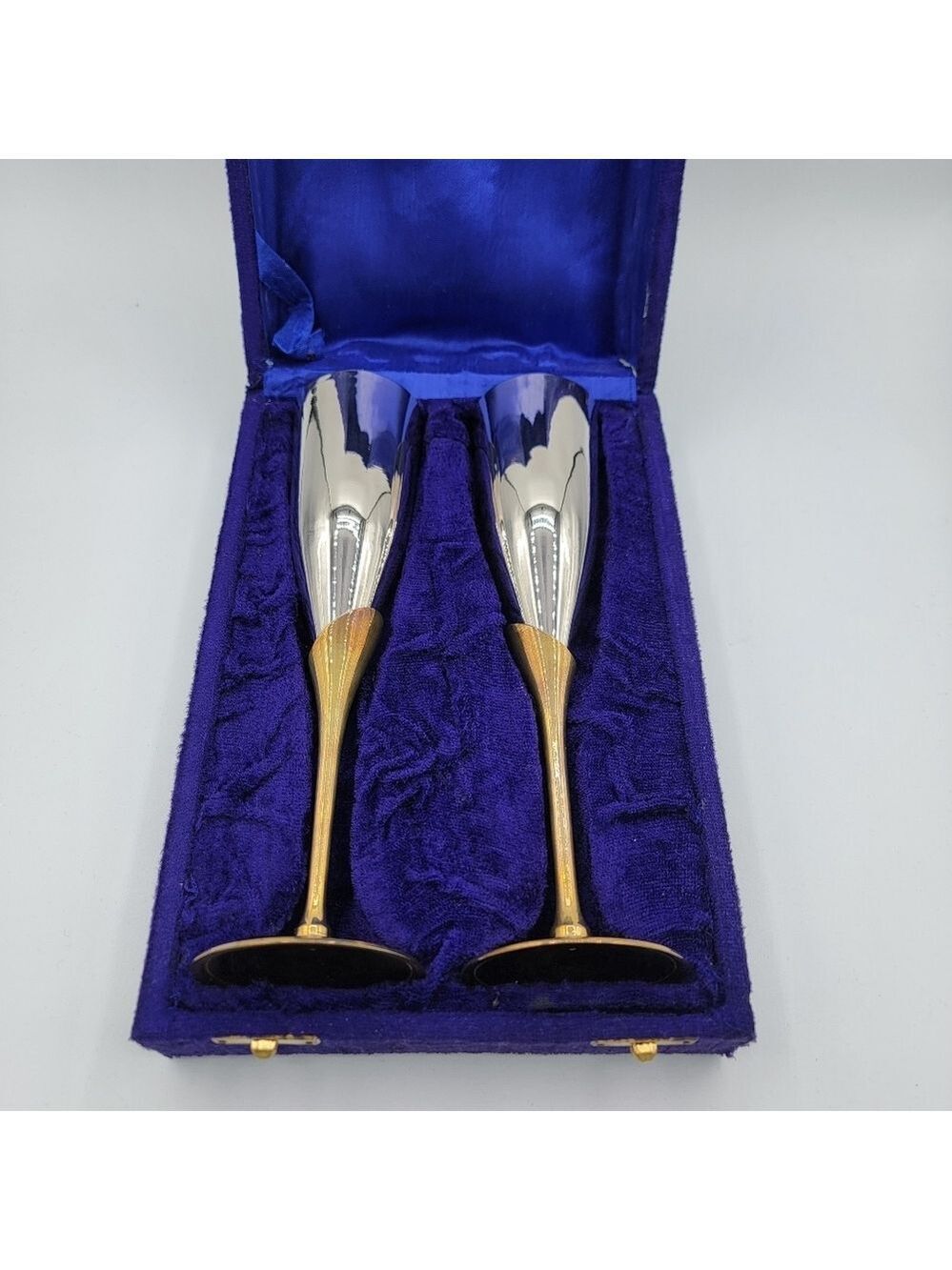 Elegant Silver & Brass Champagne Flutes In Velvet Box #3061